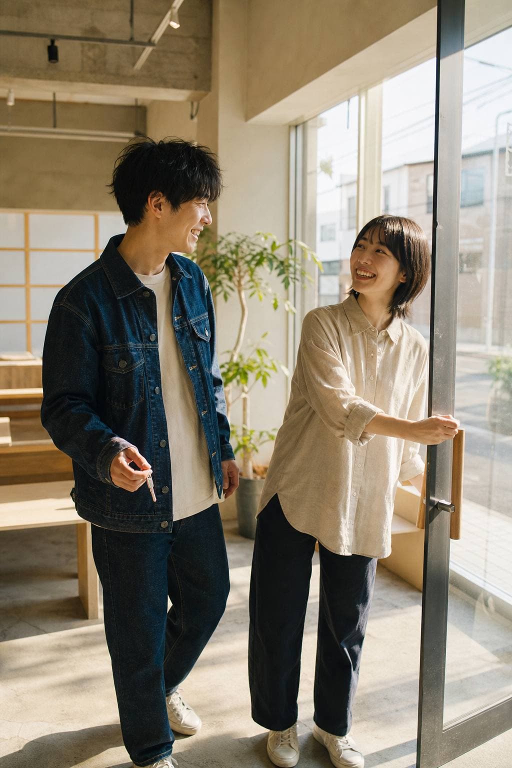 朝日の入る店舗で、若い男女が鍵を持ち笑顔で扉を開けようとしている