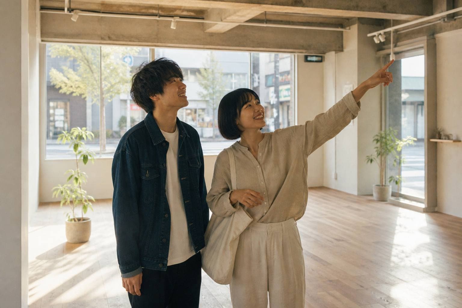 朝日の入る空の店舗で、若い男女が笑いながら店内を見渡している