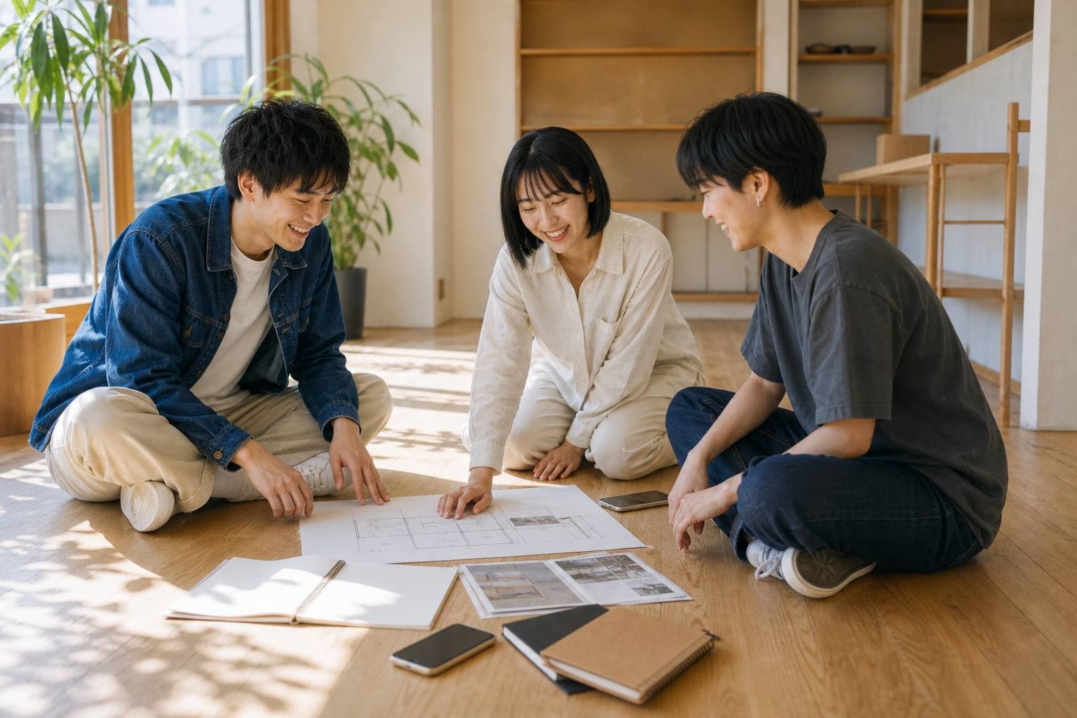 床に図面を広げ、楽しそうに店舗計画をしている仲間