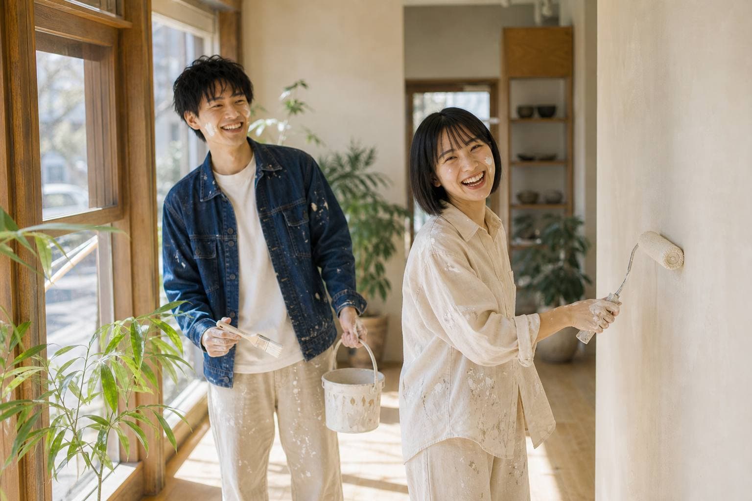 明るい自然光の中で壁を塗っている