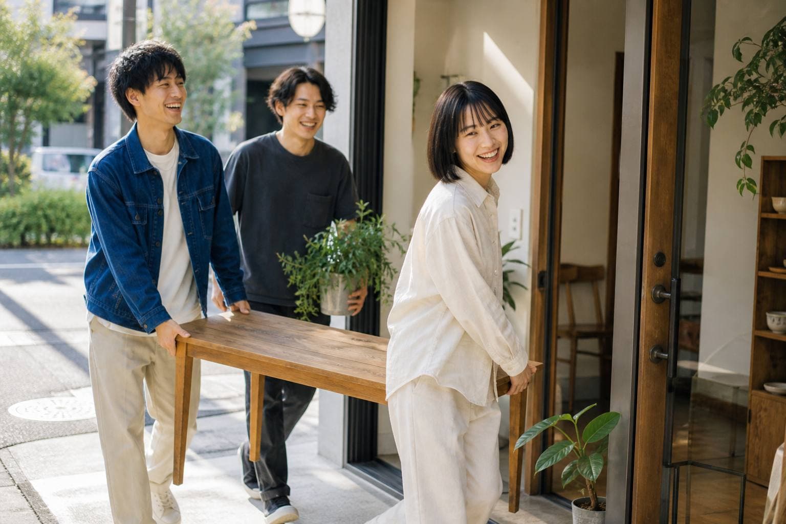 友達と家具を運びながら笑っている