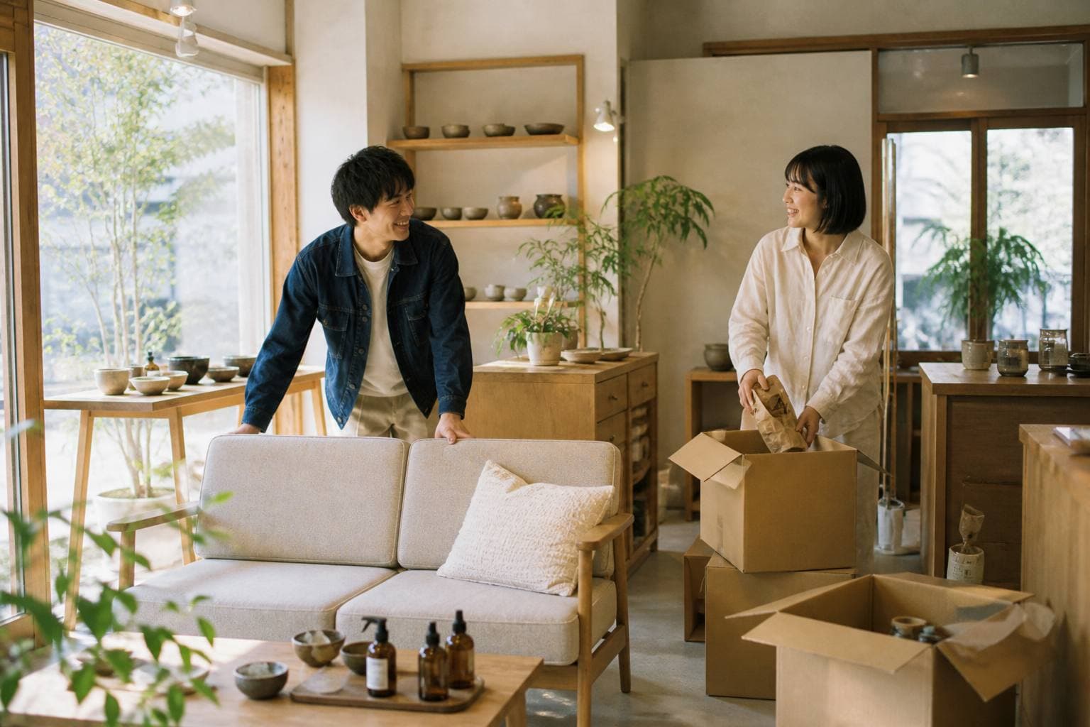 家具や商品が入って、明るい店舗が完成していく