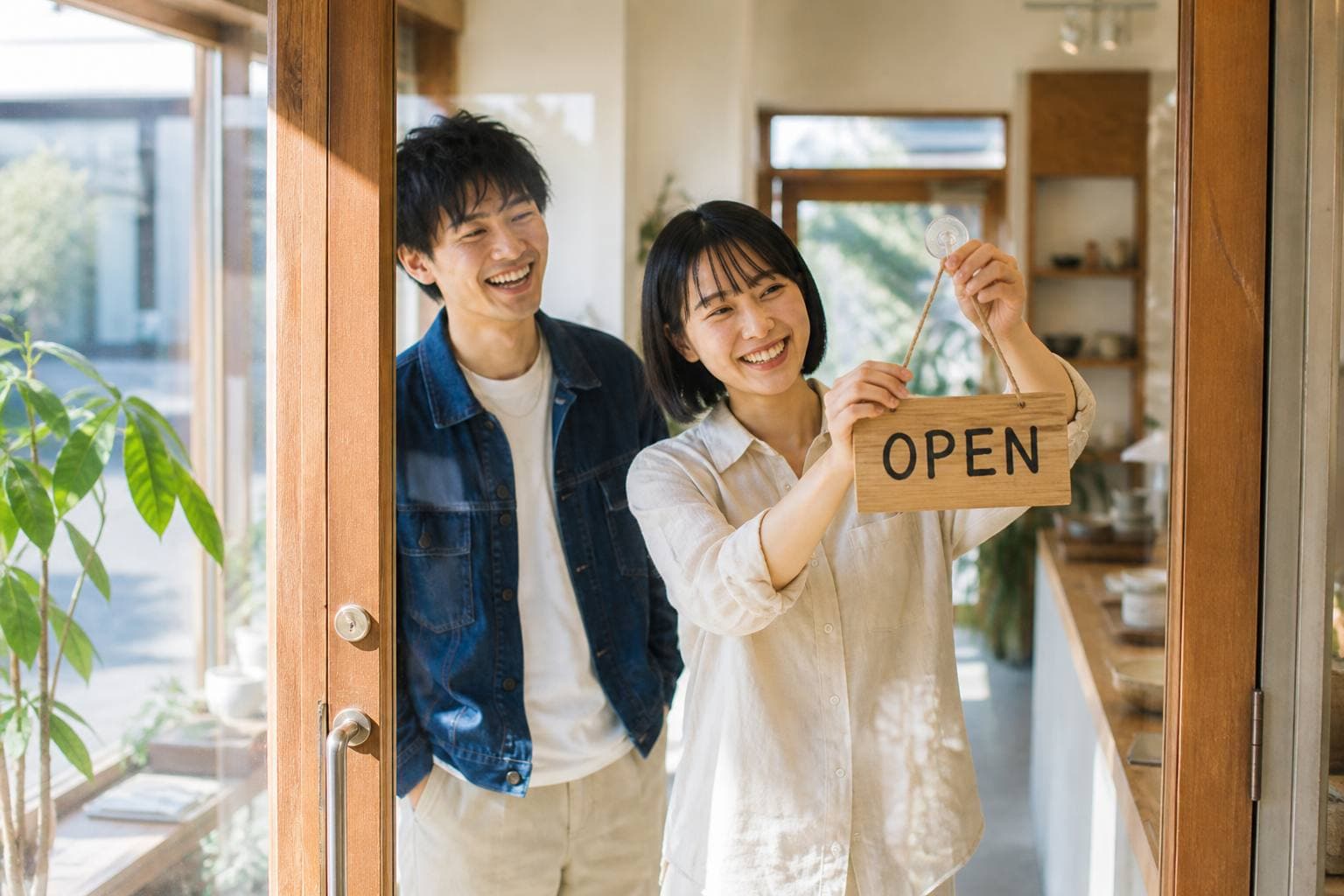 朝、笑顔でOPENの札を掛ける