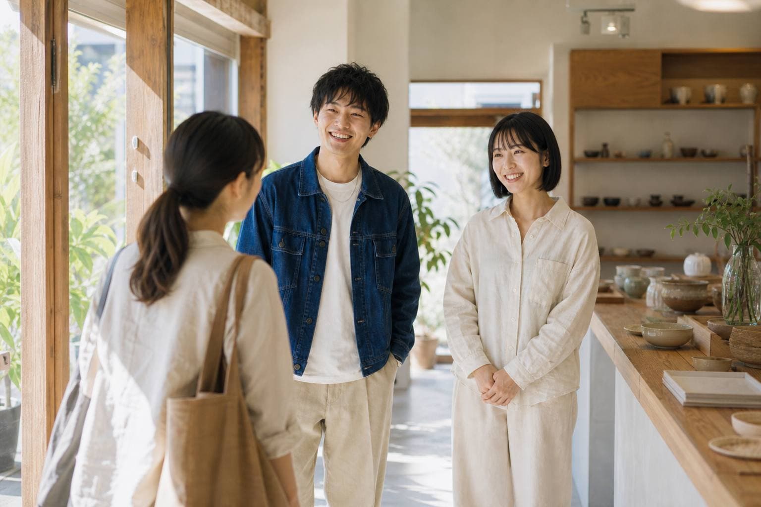 OPENした店舗で初めてのお客様を笑顔で迎える