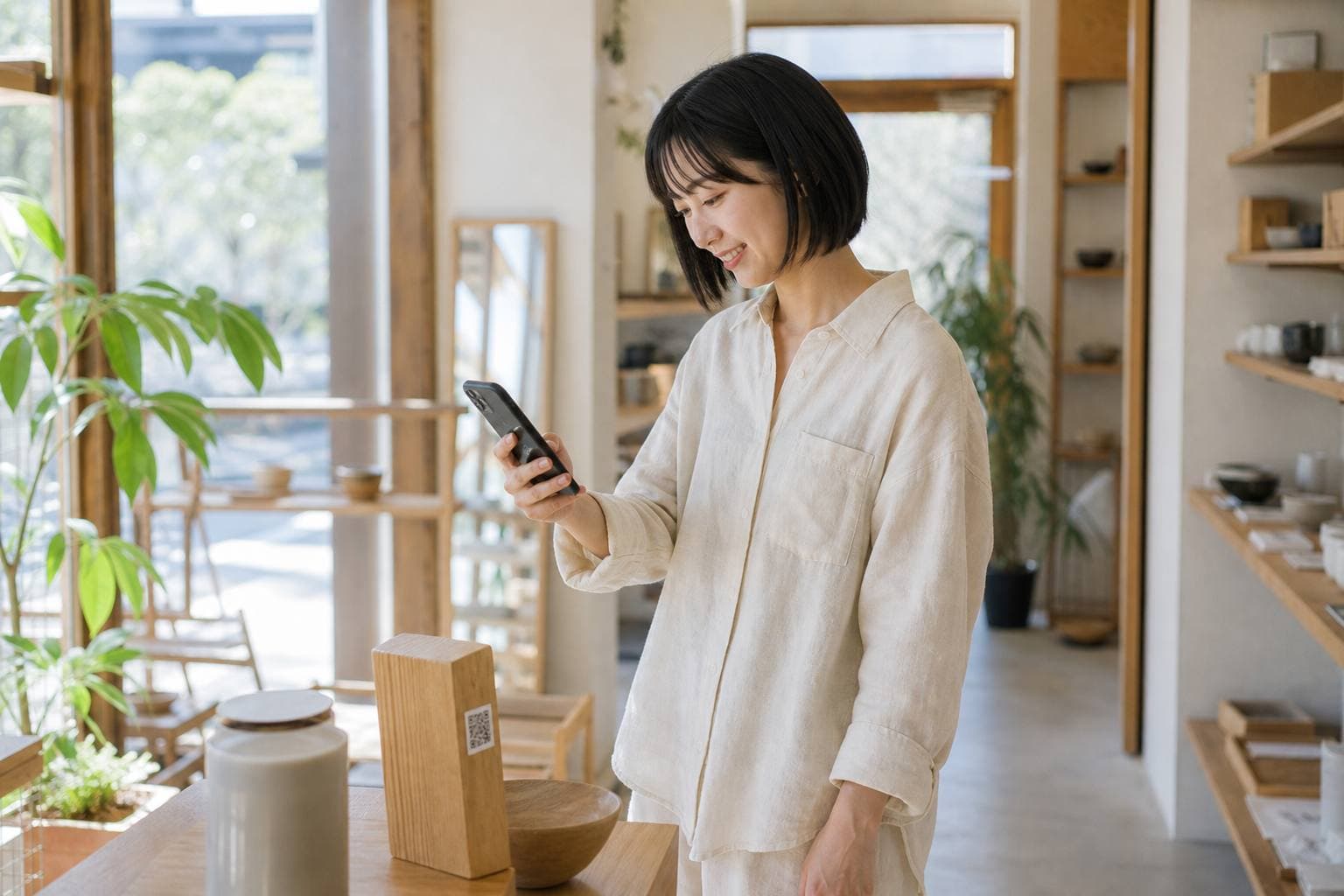 商品横のQRをスマホで読み取るお客様