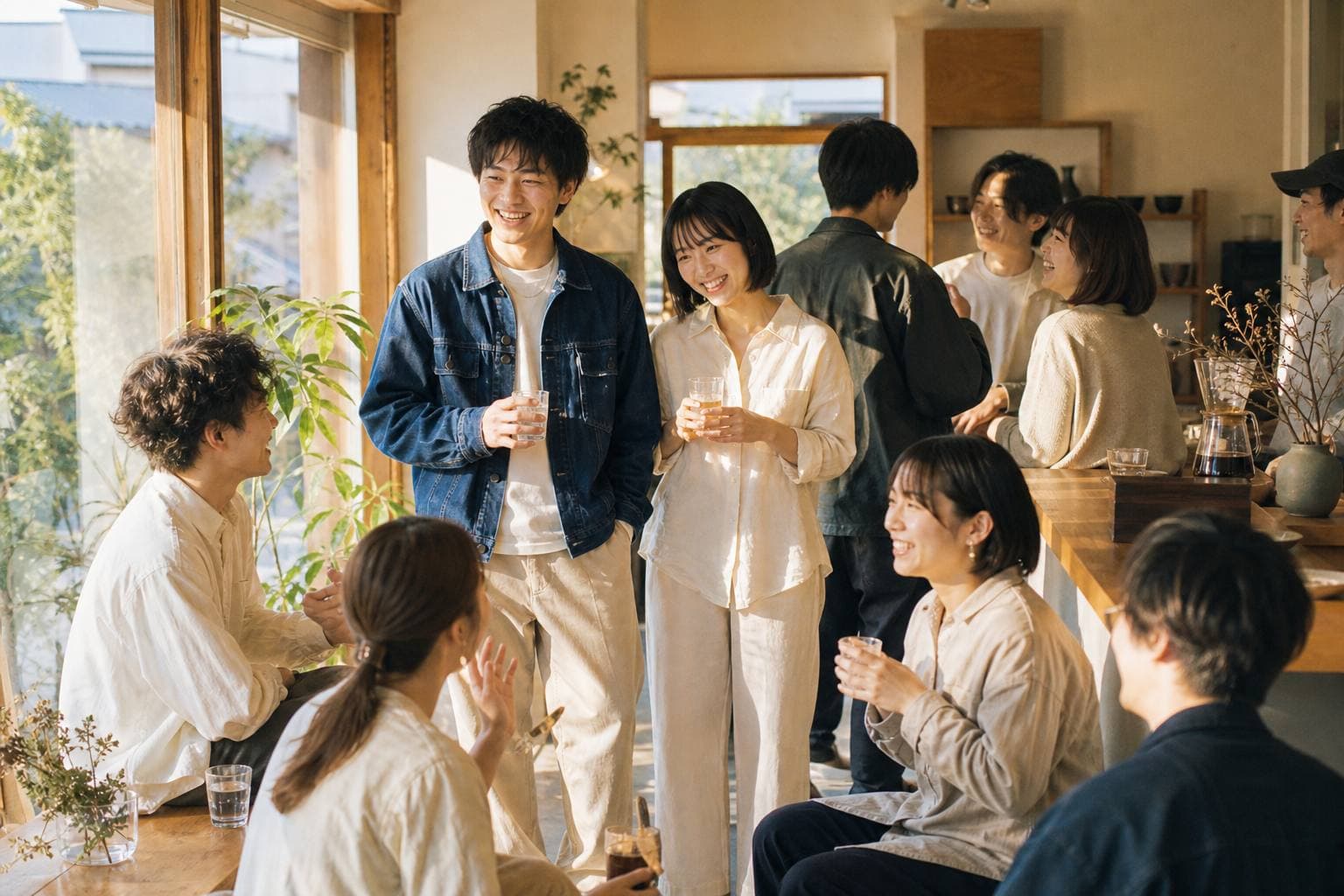 夕方、明るい店内にたくさんの人が集まっている