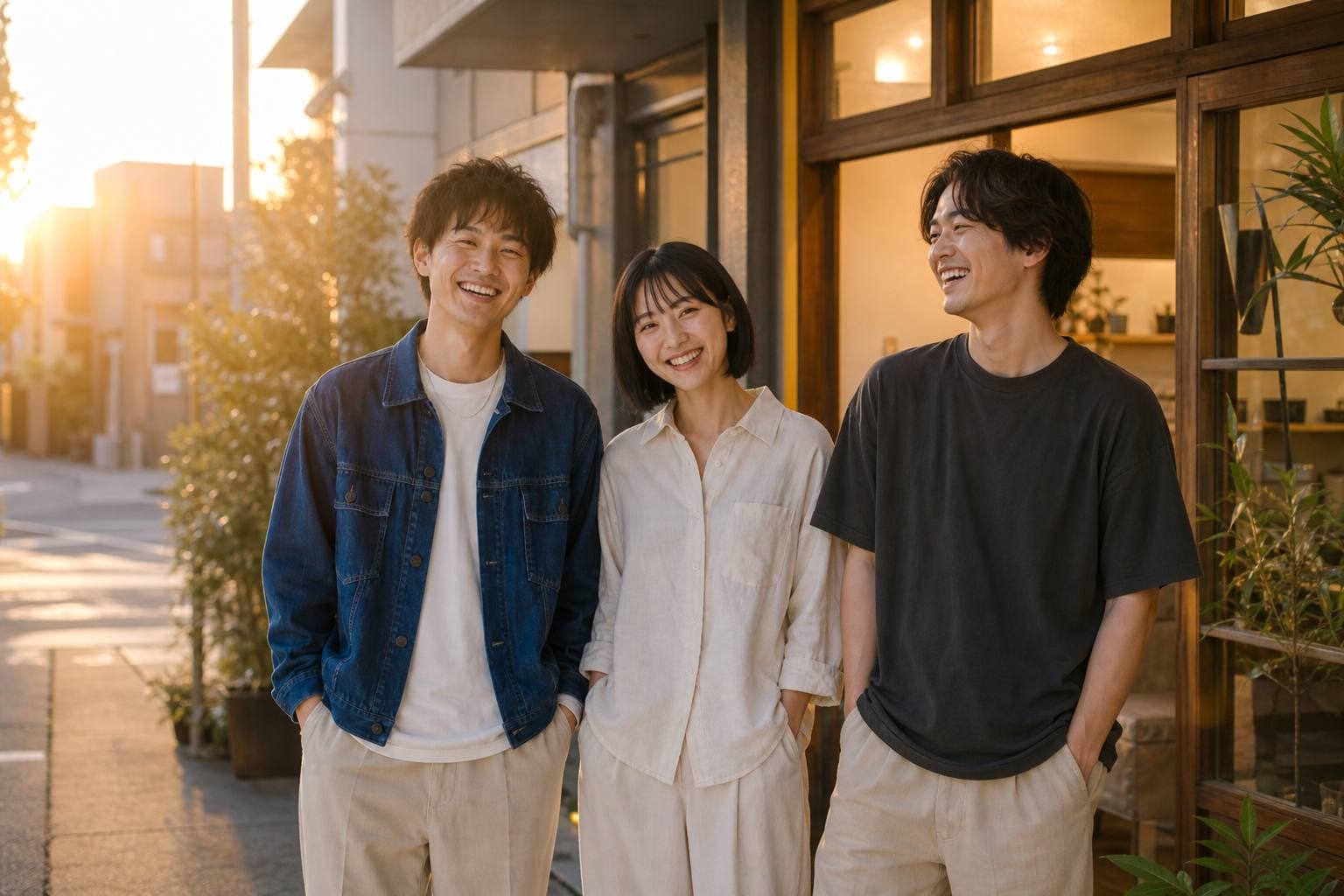 ゴールデンアワー、店の前で仲間と笑っている